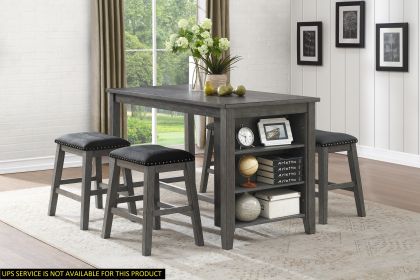 Gray Finish 5pc Counter Height Set Multifunctional Counter Height Table with 4 Stools Black Faux Leather Upholstery Nailhead Trim Dining Room Furnitur