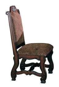 2pc Formal Traditional Dining Side Chair with Upholstered Padded Seat and Back Dining Room Solid Wood Furniture Luscious Brown Finish and Intricate Ca