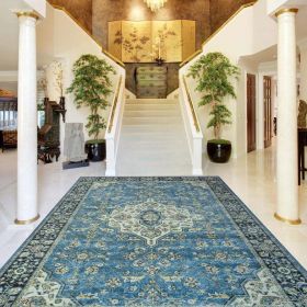 Jat Traditional Medallion Washable Indoor Area Rug or Runner Rug (Color: Blue, size: 7'x10')