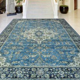 Jat Traditional Medallion Washable Indoor Area Rug or Runner Rug (Color: Blue, size: 6'x9')