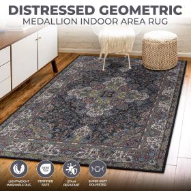 Flamingo Modern Medallion Washable Indoor Area Rug or Runner (Color: Black, size: 6'x9')