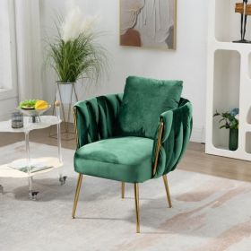 27.4" Wide Modern Velvet Accent Chair Armchair Handmade Weaving Upholstered Reading Chair Single Sofa with Gold Metal Leg and Throw Pillow for Living (Color: Green, Material: Velvet)