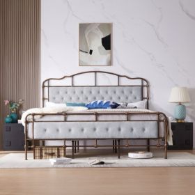 King size High Board Metal bed with soft head and tail, no spring, easy to assemble, no noise (Color: Gray, Material: Metal)