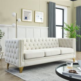 {Contact us for 3D modeling} Velvet Sofa for Living Room,Buttons Tufted Square Arm Couch, Modern Couch Upholstered Button and Metal Legs (Color: as Pic)