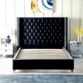 Contemporary Velvet Upholstered Bed with Deep Button Tufting, Solid Wood Frame, High-density Foam, Silver Metal Leg, King Size (Color: as Pic)